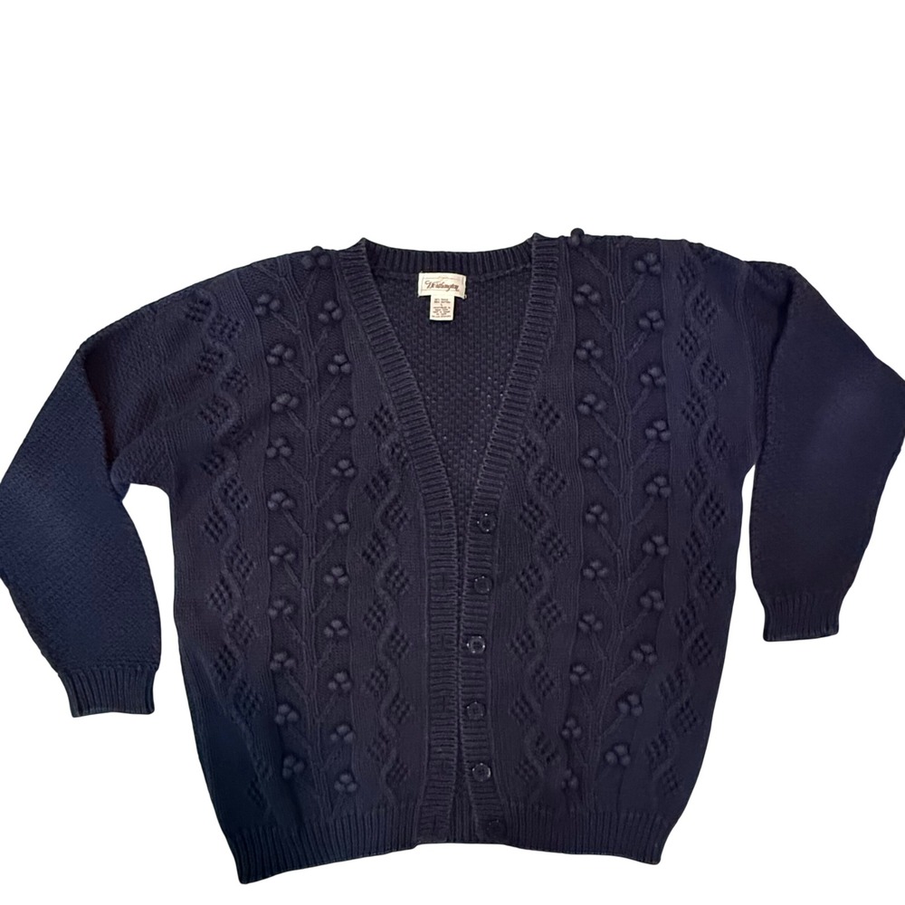 VTG Worthington Cardigan Sweater Womens L Navy Blue Cable Knit Cottagecore Retro